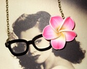 Glasses Necklace Geek Glasses Pink Polymer Clay Flower Quirky Pendant