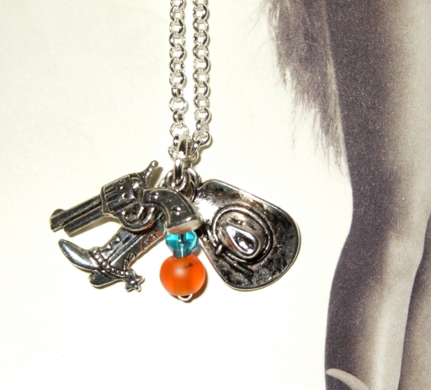 CowboyNecklace Cowgirl Jewelry Stetson Gun Cowboy Boot Charm Cluster Necklace