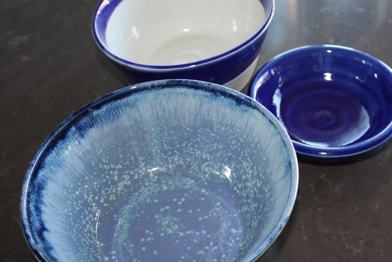 Trio of Blue and white Pottery bowls.  Three ceramic serving bowls.