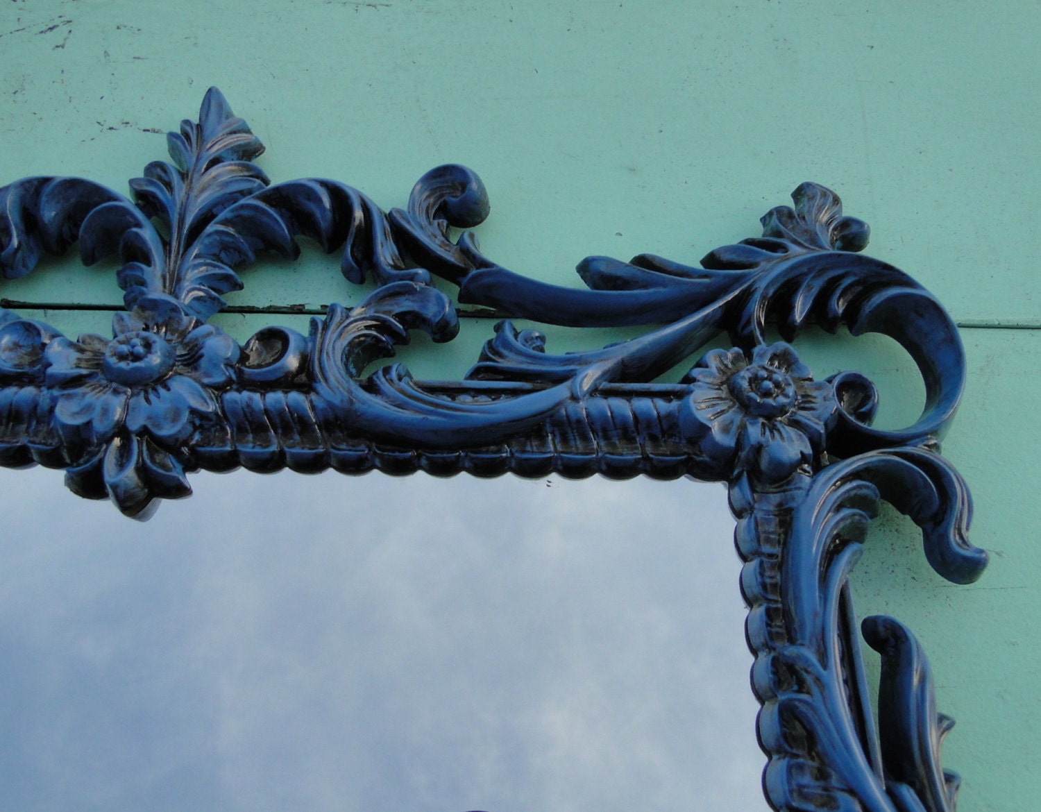 Large Ornate Vintage Gothic Mirror Antiqued Wildflower Blue Hollywood Regency Paris Apartment French Country Romantic "Wildflower"