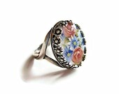 Floral Cameo Ring, Vintage Glass and Silver