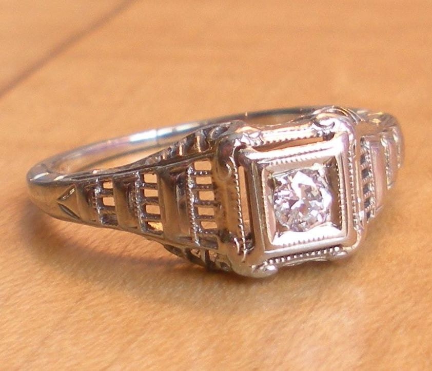 Art Deco Diamond Engagement Ring  - Filigree Design White Gold