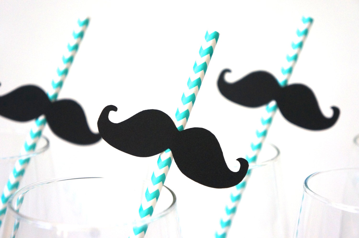 NEW - Chevron Photo Booth Props - Mustache Straw Photo Props - Set of 5 - Mustaches on AQUA Tiffany Blue CHEVRON Paper Straws