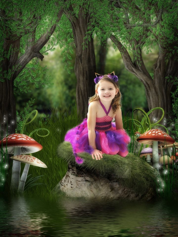 Pink and Purple Cheshire Cat Halloween Girls Tutu Costume Included Accessories Tail and Headband Ears