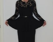 Black lace sleeve peplum midi length dress (Made to Order)