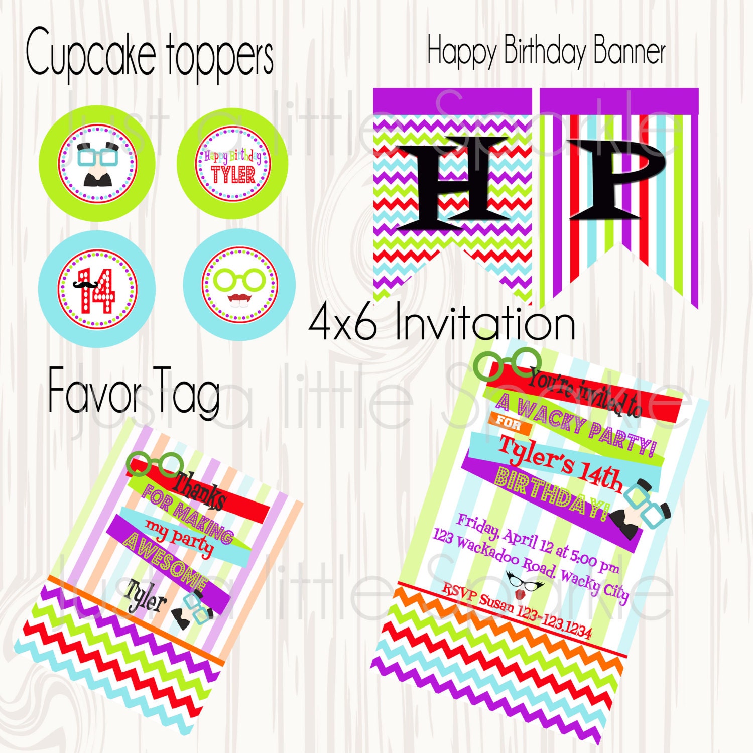 WACKY Party set DIY, Wacky Invites, Wacky Theme, Food tents, Favor tag, You Print