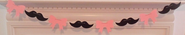 Party Banner: Mustache and Pink Bow Garland - gender reveal baby shower wedding engagement - die cut mustaches bows