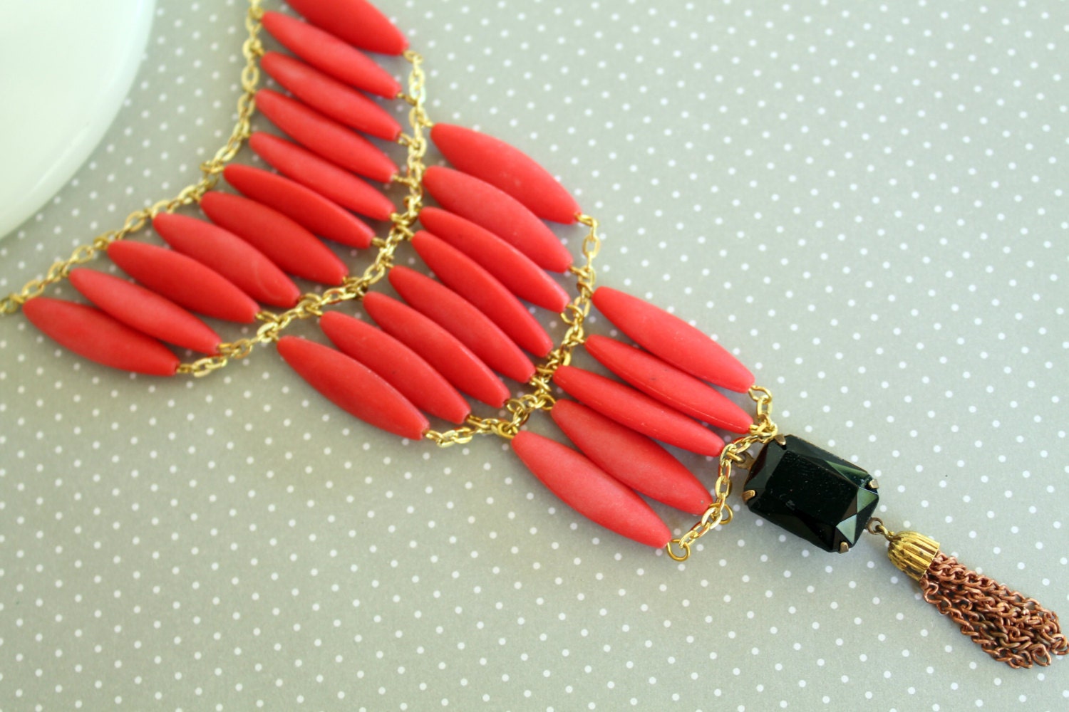 Red and black vintage rhinestone upside down cake necklace