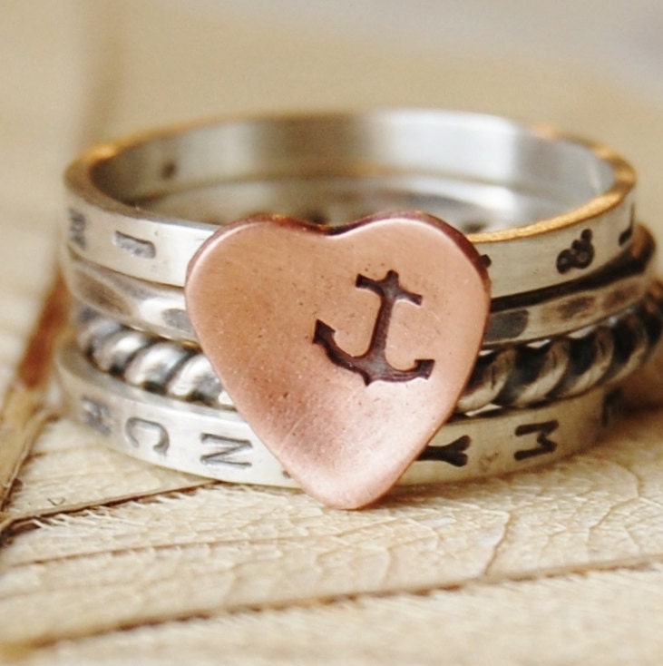 You Are My Anchor - Stacking Ring Set of 4 - Hand Stamped - Sterling Silver and Copper - Your Size