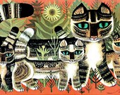 MOD Big Eyed Kitty Cats Print Vintage 1960s 60s Mid Century Modern Framed Art Tabby Cat Family by Kheila Flinn Hippie Pad Decor Orange Olive