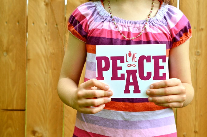 Set of 4 Letterpress "Peace & Love" Cards, Fundraiser, Made by 7-year-old to Benefit School Reading Program, Blank with Envelopes, Birthday
