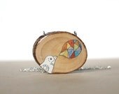 Playful Bird Necklace - Rainbow spring time fashion necklace - wood slice