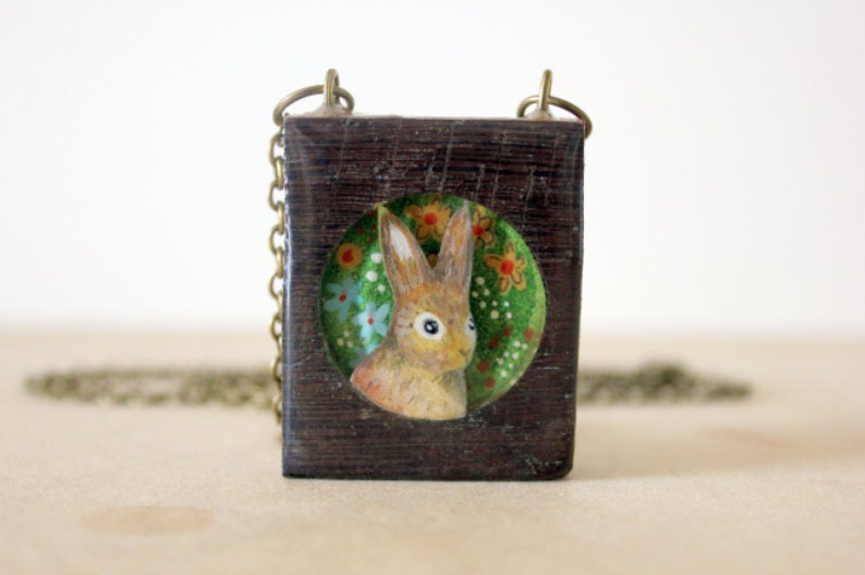 Field Rabbit- Hand Painted inlaid rabbit necklace - illustrated - iamabird