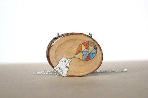 Playful Bird Necklace - Rainbow spring time fashion necklace - wood slice
