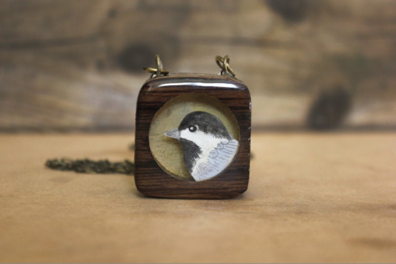 Reclaimed wood chickadee necklace - recycled hand painted necklace