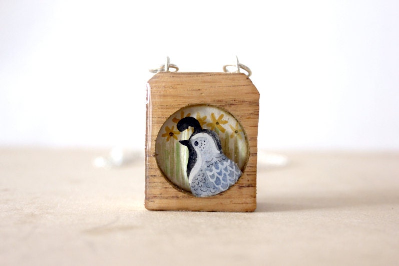 reclaimed quail necklace- summer sunflower quail necklace- recycled bird necklace