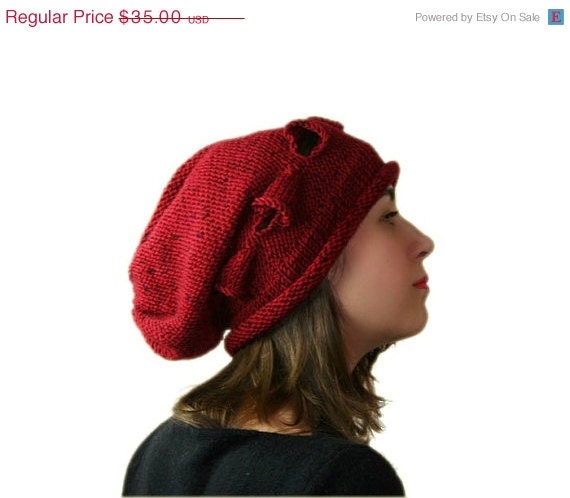 ON SALE OOAK Red Black Knit Slouchy Hat - Tweed Oversized Beret - Women Teens Accessories - ForYouDesign