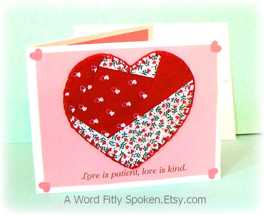Love Themed Inspirational Blank Note Card Handmade Card 4 x 6 Love is Patient bible Verse Crazy Quilt No.915