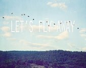 let's fly away. photo print. fine art photography. nature photo. birds photo. 6x9. typography. blue. mint