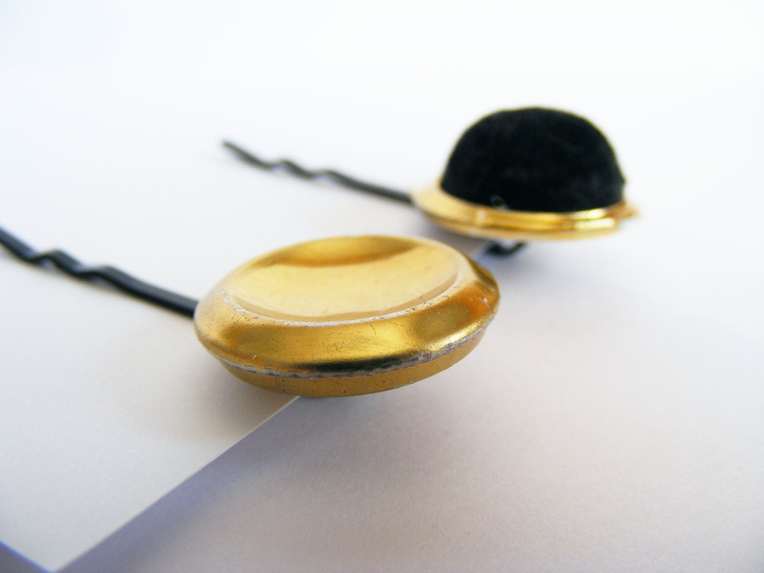 Set of Two Vintage Button Hair Pins  - Black and Gold Button Hair Accessories - Set of Two Bobby Pins - Hair Slides - Hair Grips
