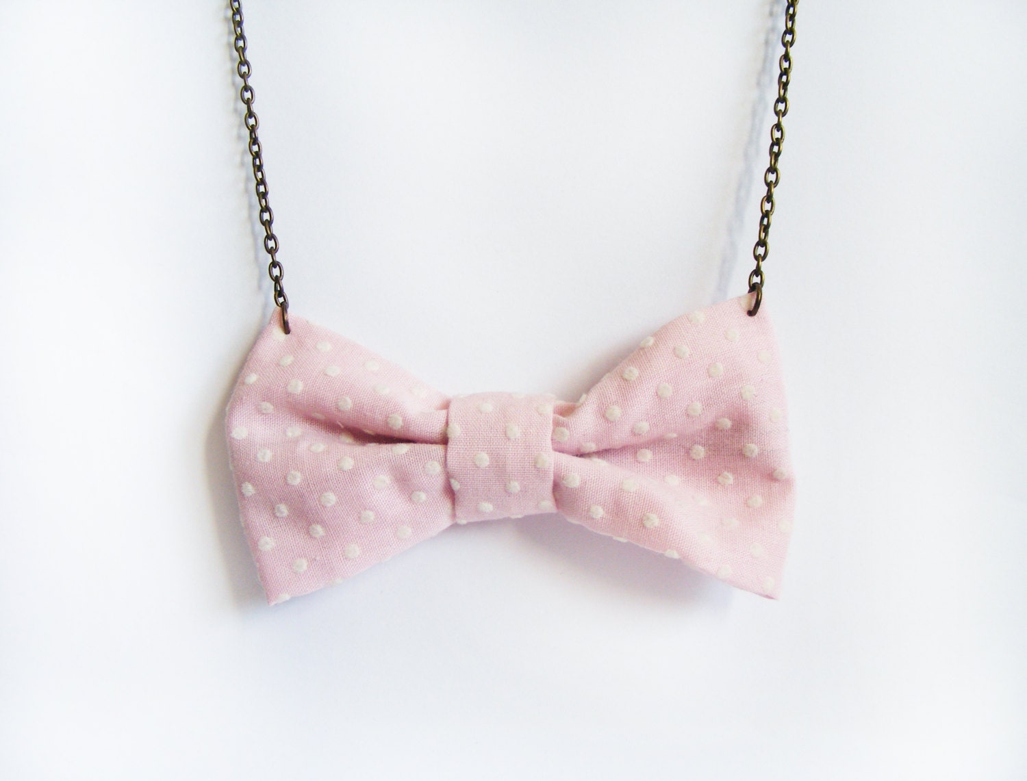 Bow Tie Necklace - White Polka Dot Necklace - Baby Pink - Bow Necklace - Cottage Chic - Shabby Chic Necklace - Brass Necklace