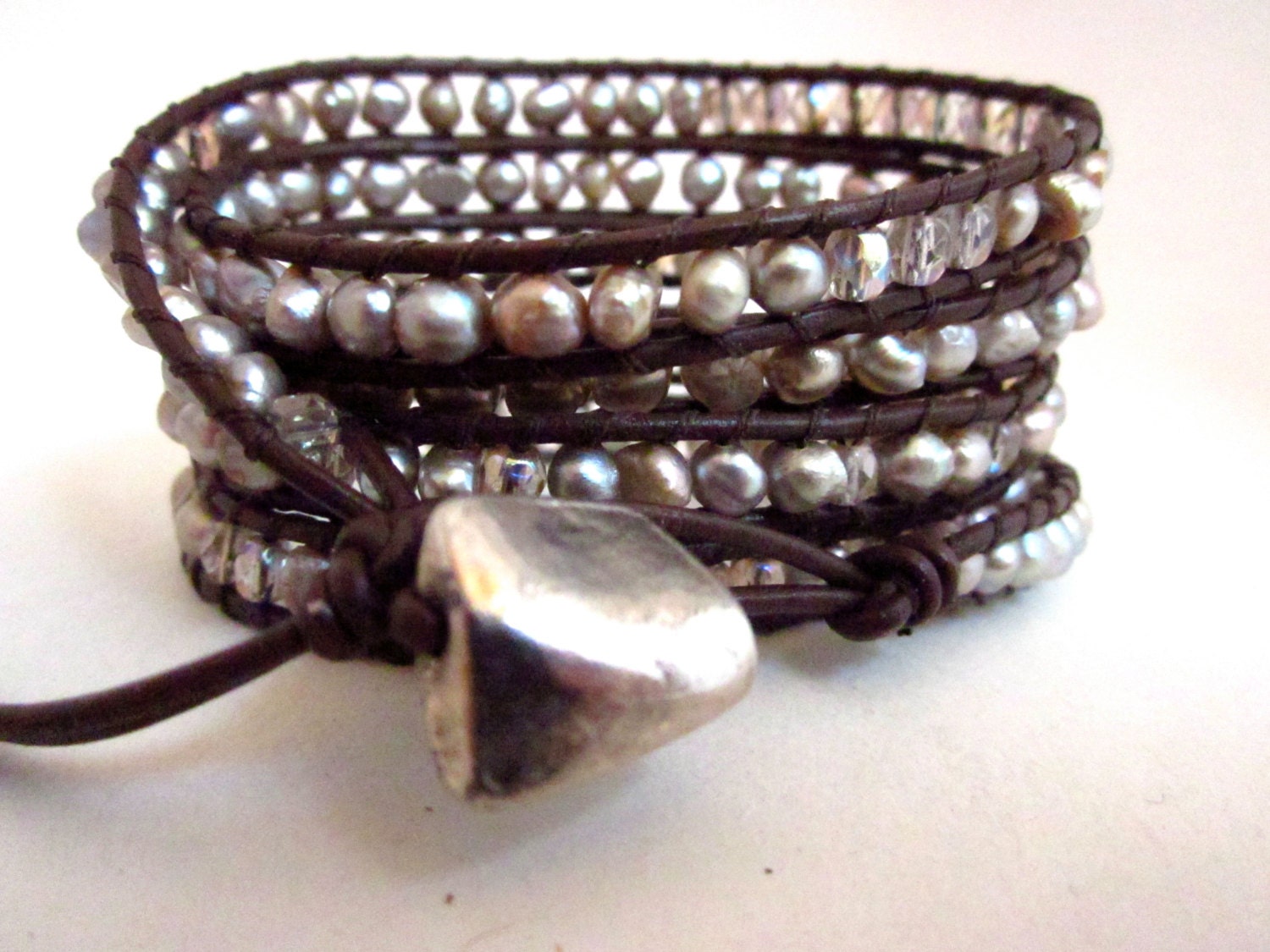 Neutral leather wrap bracelet, taupe fresh water pearls and ab crystals