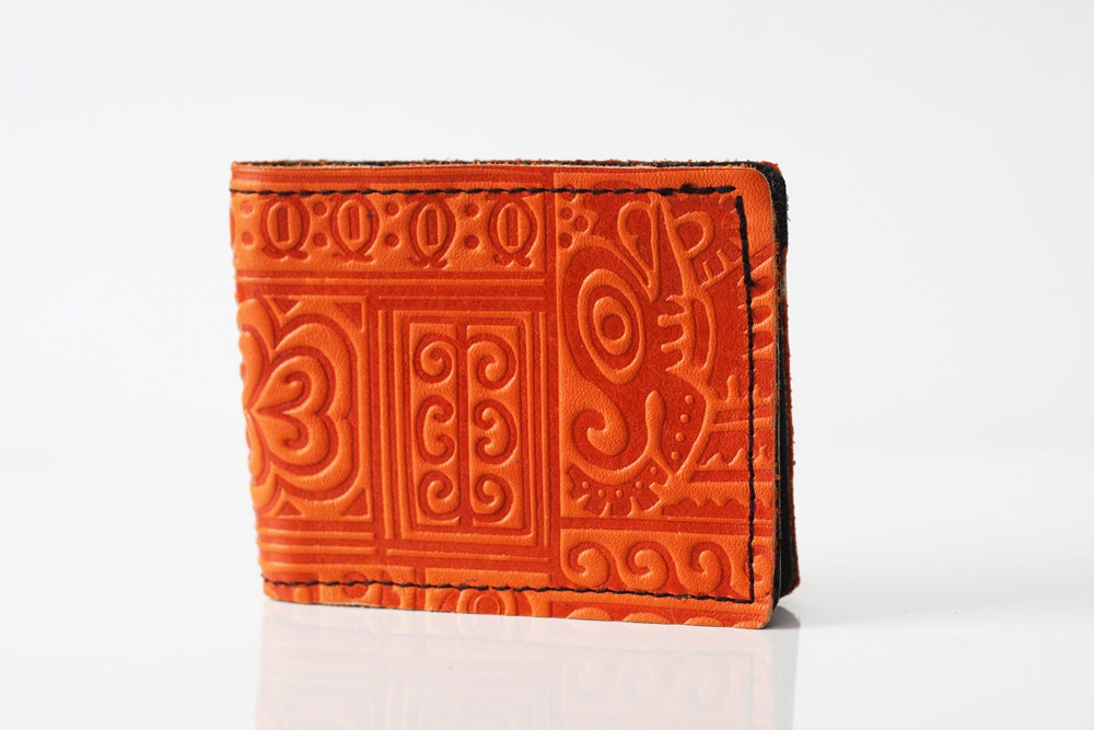 Handmade Tribal Orange Embossed Leather Billfold Wallet