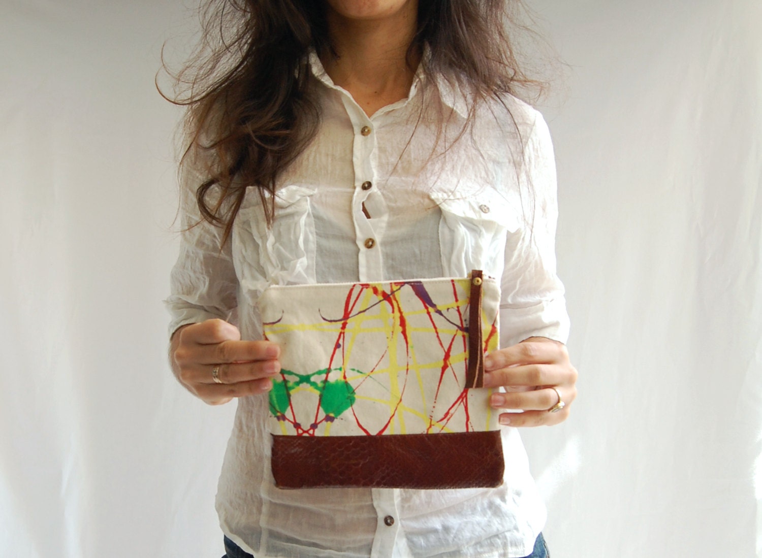 LEATHER Abstarct clutch  .  make up purse - hand painted . Colorful and vivid colors