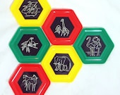 Retro East German Coasters, Mid Century GDR Set 6 Wild Animals Hexagonal Plastic Coasters Boxed 1960s