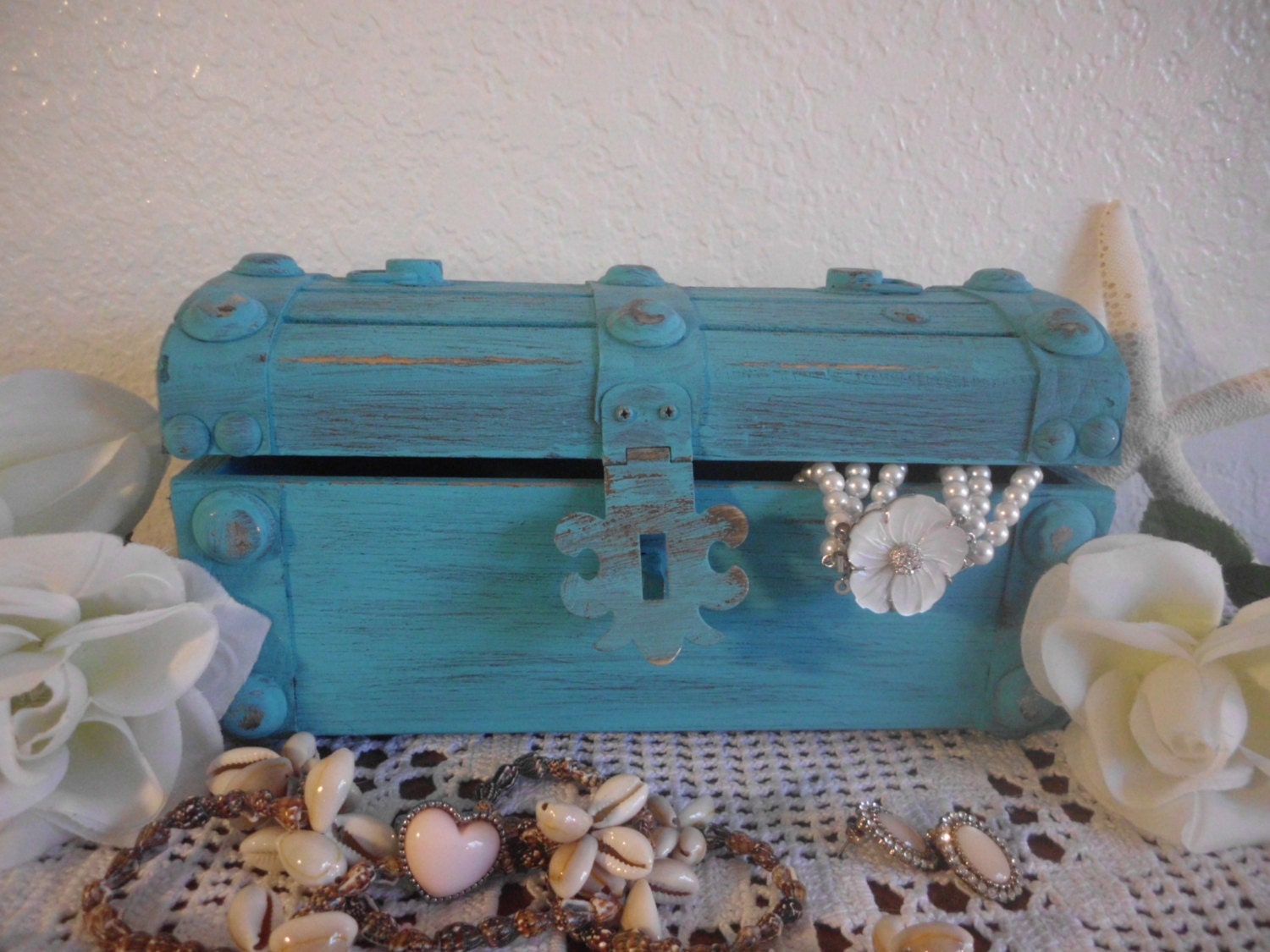 Rustic Aqua Shabby Chic Pirate Chest Jewelry Box Beach Cottage Home Decor Turquoise Teal Birthday Gift For Her Him Bedroom
