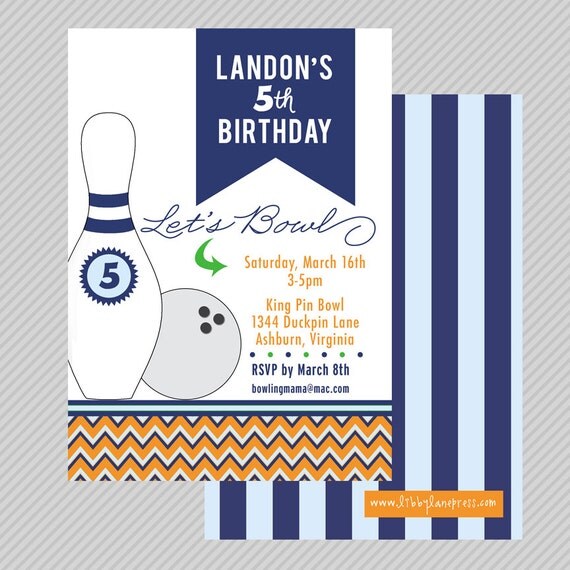 CHEVRON BOWLING Invitation- Navy, Orange, Green- Boys Birthday, PRINTABLE by Libby Lane Press Il_570xn