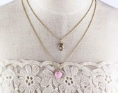 Dainty Pink Rose Quartz Heart, Clear Crystal Crown Wishbone Golden Pendant 2-Layer Chain Bib Short Statement Tassels Necklace Collar