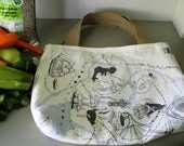 Retro Vintage Repurposed Recycled Tea Towel Reversible Tote Farmers Market Bag Jute  Handles Map White 3rd Drawer Down
