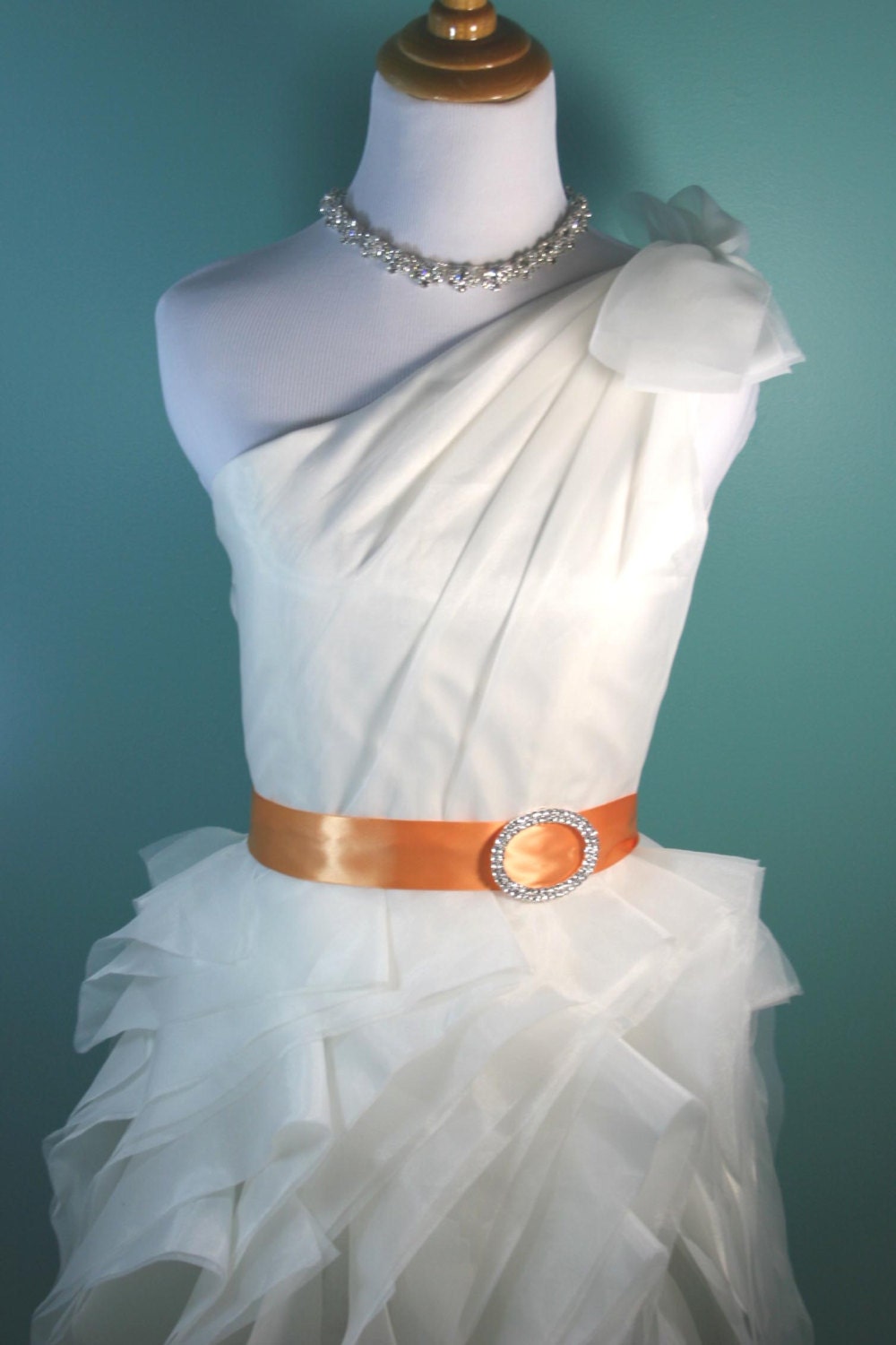 Wedding Dress Sash -- Tangerine Orange Wedding Dress Sash with Silver Rhinestone Buckle