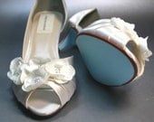 Wedding Shoes -- Ivory Peeptoe with Ivory Flowers and Blue Painted Sole