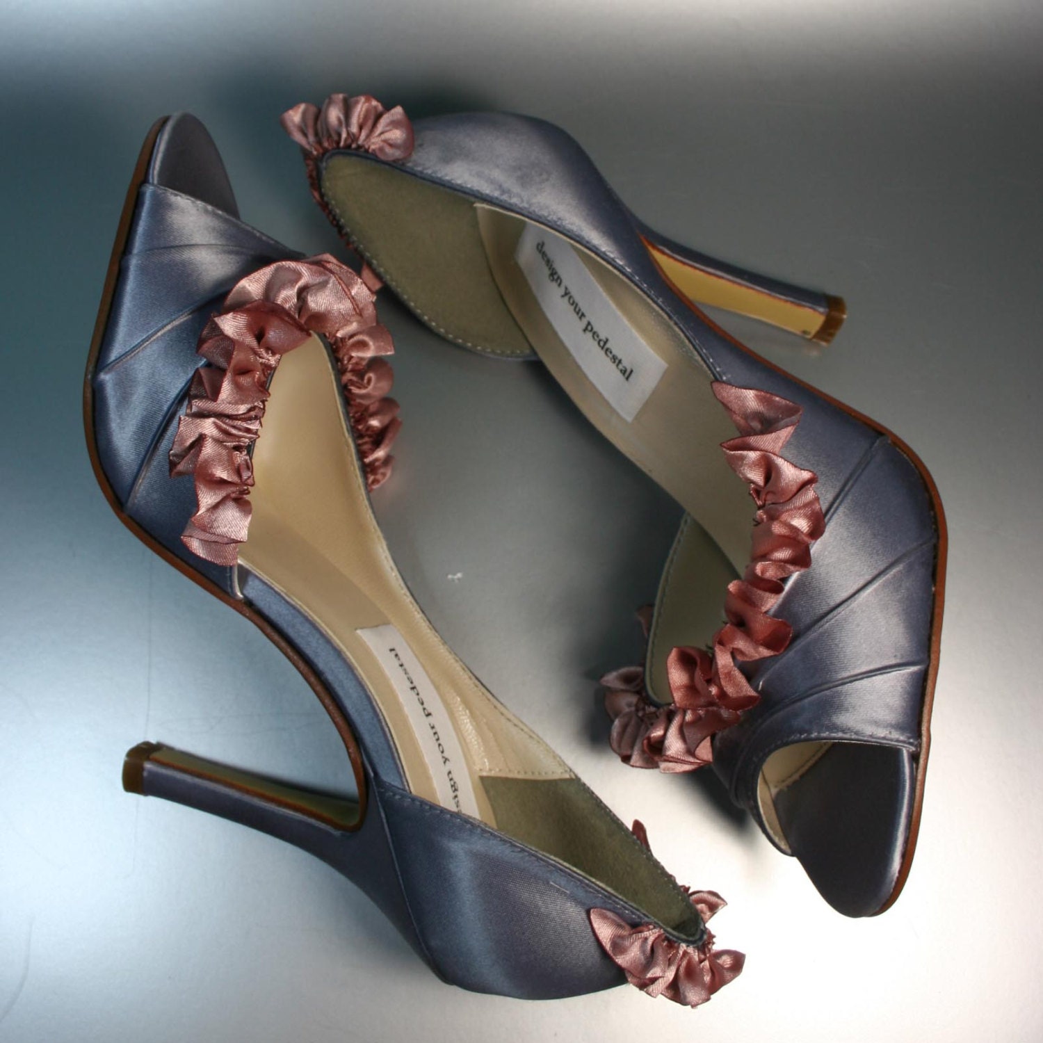 SAMPLE SALE Wedding Shoes -- Gray Peeptoes with Antique Pink Ruffle -- SIZE 6.5 Only - DesignYourPedestal
