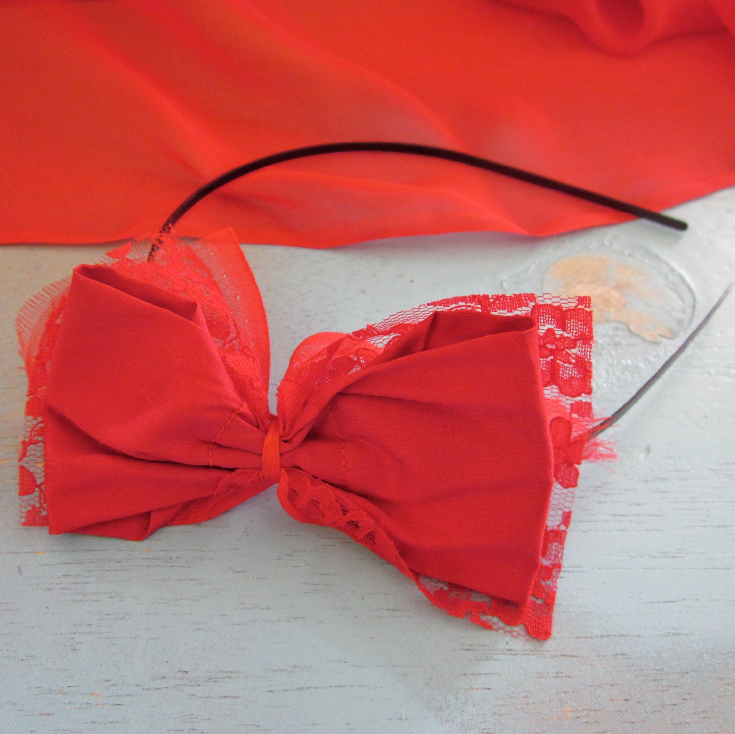 RED WEDDING silk bow headband bowtie hair piece sexy love bright red