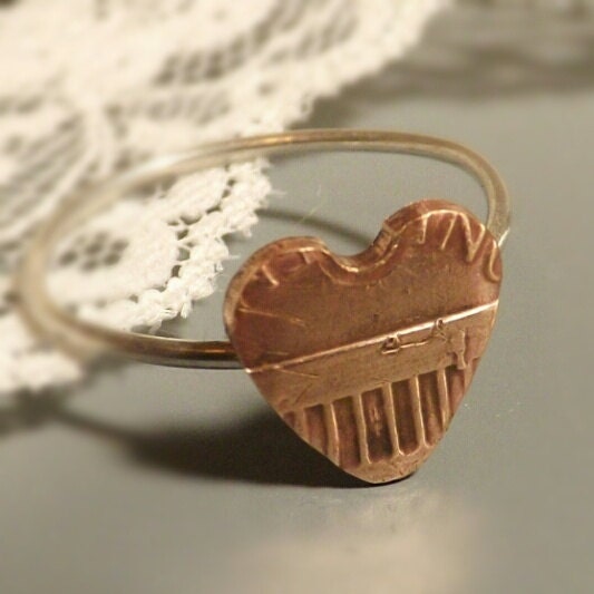 Heart Shaped Penny Ring with Sterling Silver Band- Stacking Rings, Hand Cut, Recycled, Eco Friendly Jewelry, Valentines Day Heart Ring
