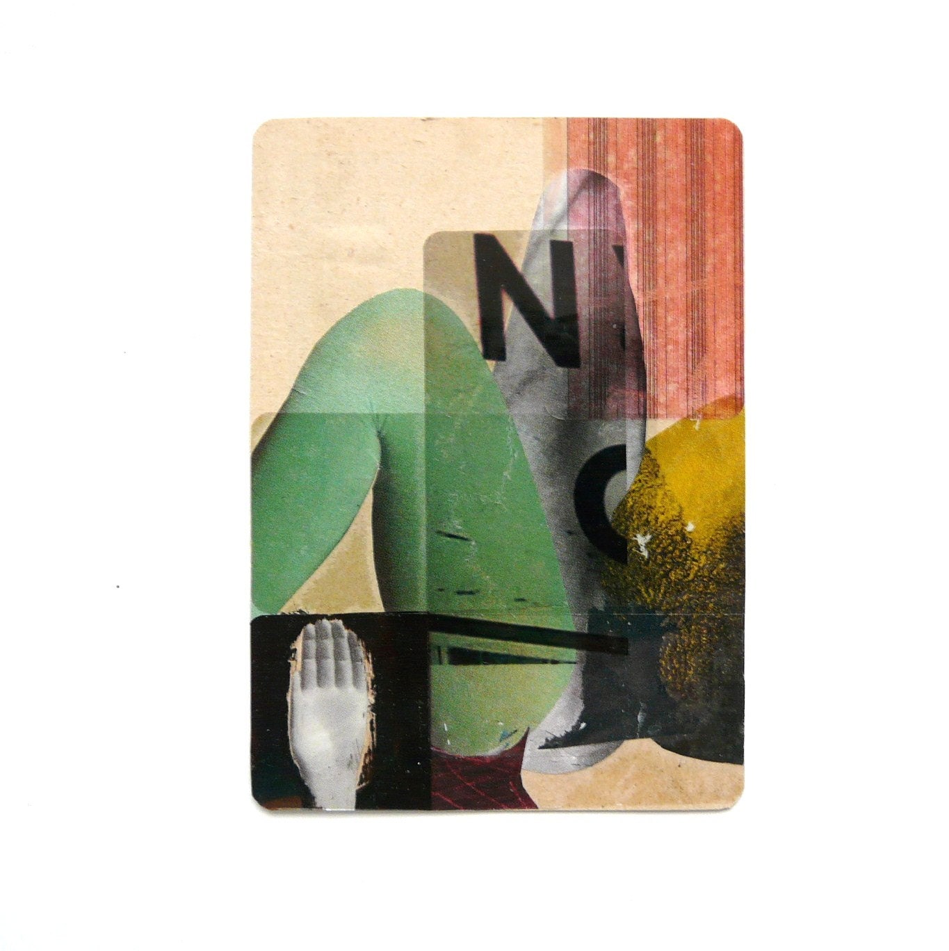 original ACEO collage, anatomy  --  conceptual pop art -- altered photography / xray -- mint green, pink, chartreuse, sepia, hand