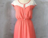 PETIT DEJEUNER - Coral orange pink dress with polka dot lace illusion neckline // retro // vintage inspired // bridesmaid dress