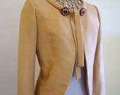 AMAZING Bombshell Mid Century COUTURE Taupe Silk Blend 1960s Coat Jacket Bolero - Pinup 50s Glamour Huge Confetti Celluloid Buttons GORGEOUS