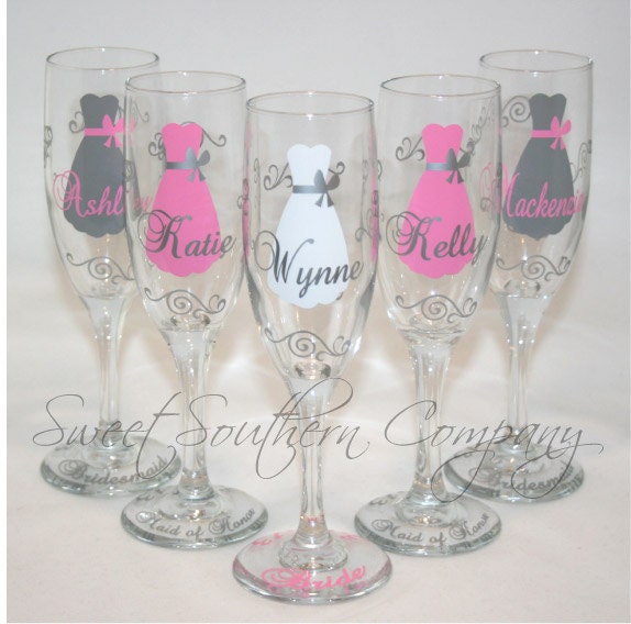 5 Personalized Bride and Bridesmaid Champagne Flutes with Name