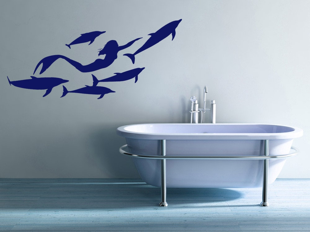 Mermaid Swimming with Dolphins  - Decal, Sticker, Vinyl, Wall, Home, Bathroom Decor