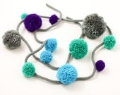 Colorful Green, turquoise, purple and grey wool yarn pom pom garland 6ft / ready to ship