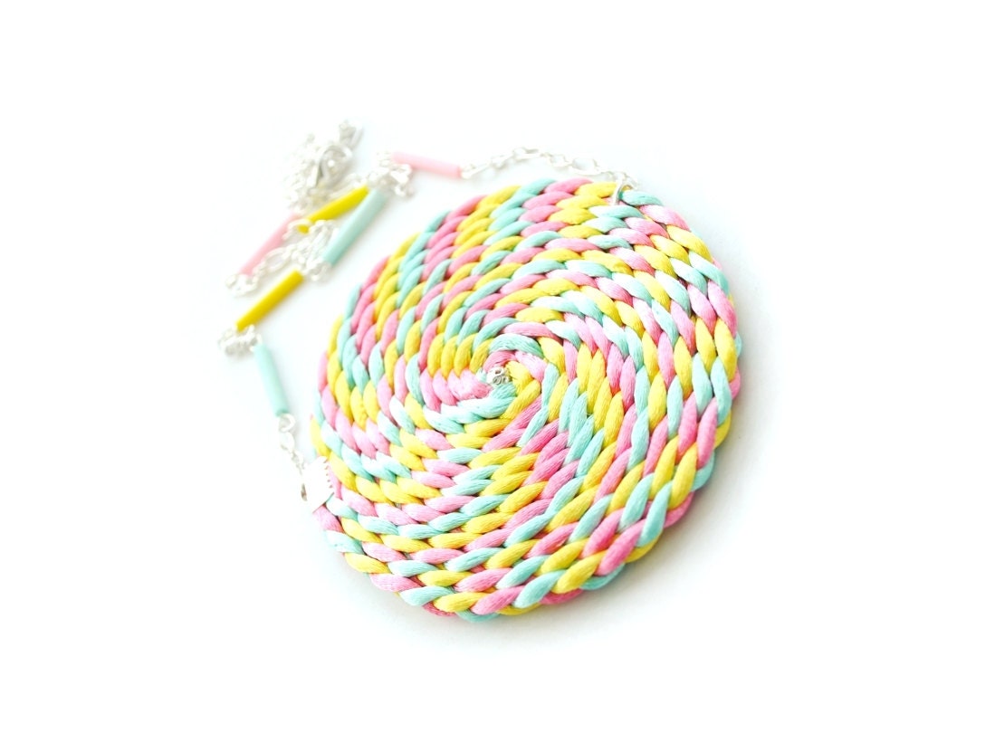 OOAK Pink mint and yellow spiral satin cord necklace, pastel colors, swirl, candy, summer trends, gift for her