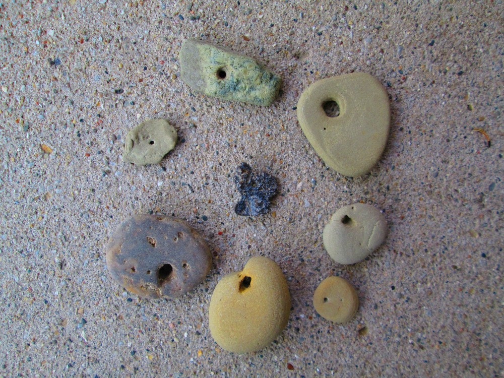 Lot of 8 Natural Made Hole Stone Beads Lake Michigan Supply