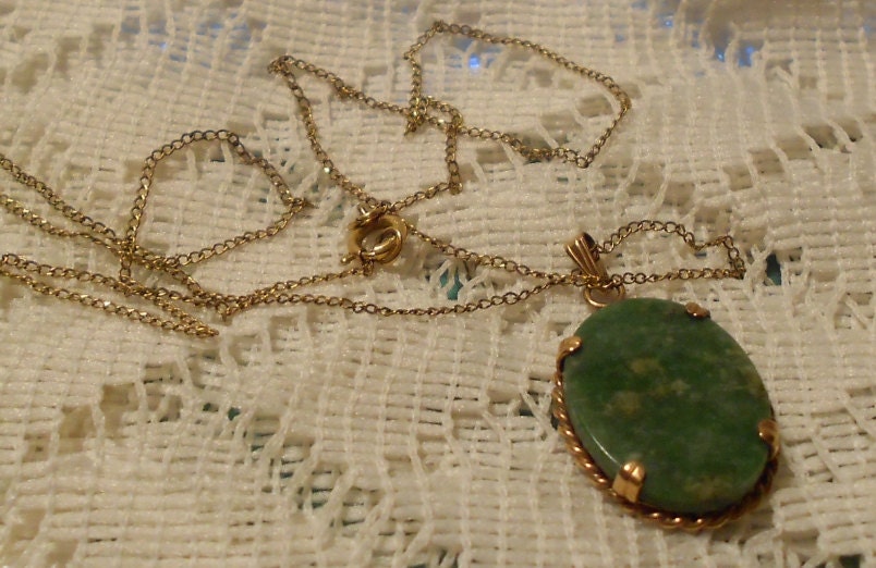 Vintage Green Jade Pendant with Gold Filled Chain by Bojar