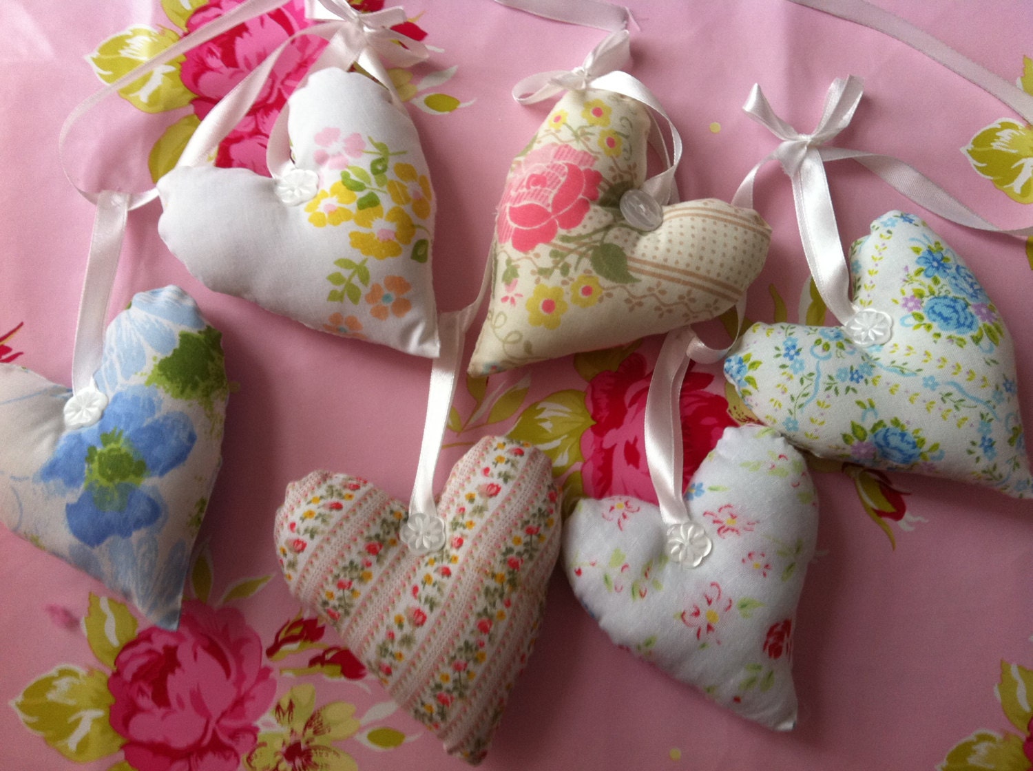 Fabric heart garland/bunting/banner in faded floral , shabby chic   cotton fabrics