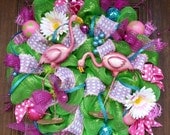 Deco Mesh GREEN and PINK FLAMINGO Wreath