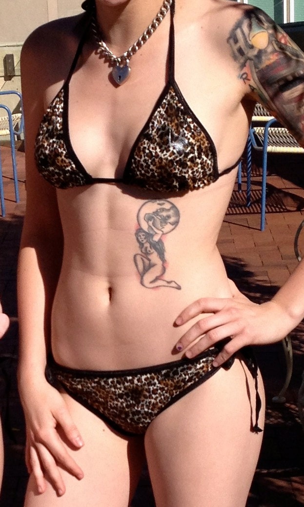 Leopard print black lace bikini small medium triangle top scrunch butt sleaze glam rock and roll pinup